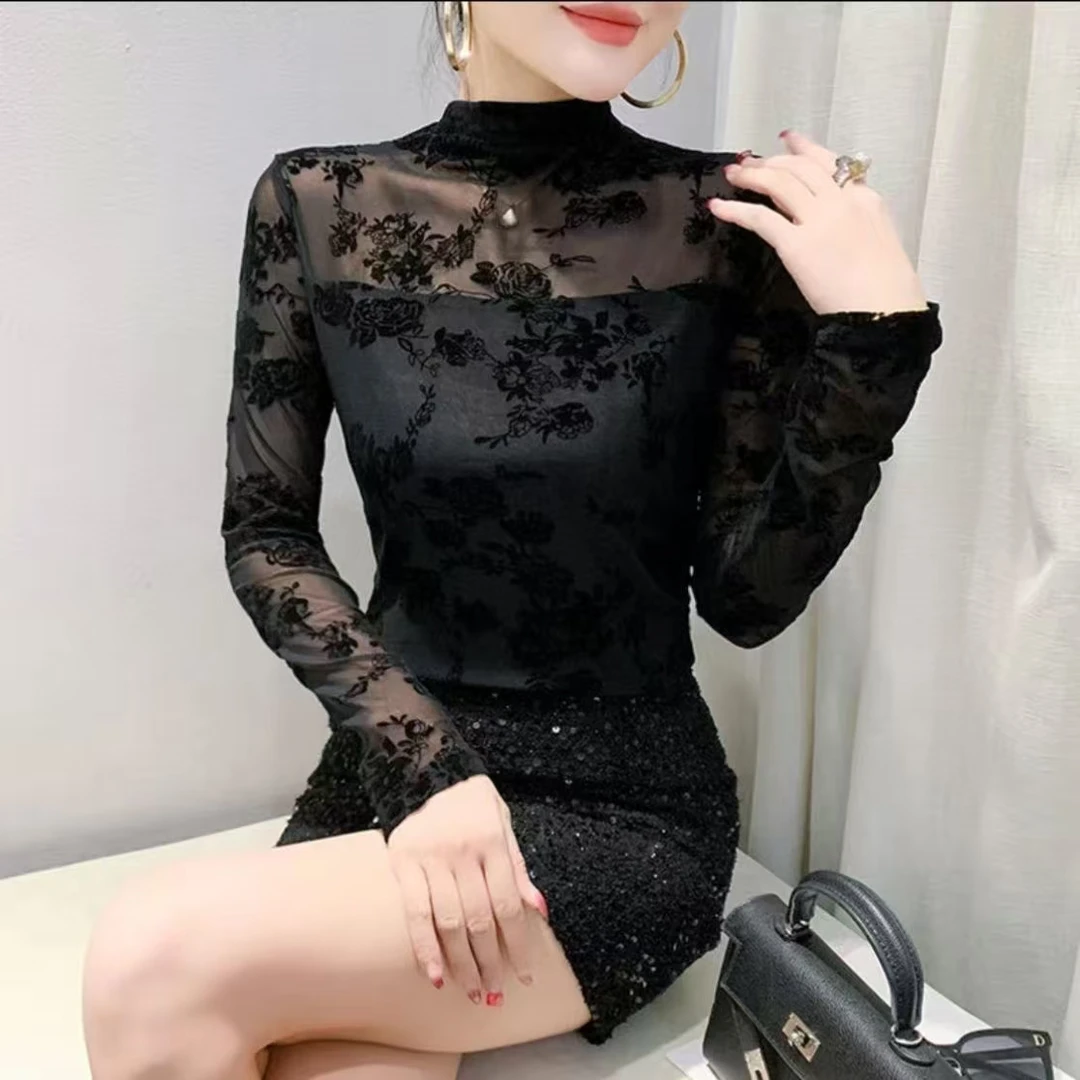 秋冬加绒半高领蕾丝长袖植绒打底衫女时尚百搭高级感内搭上衣