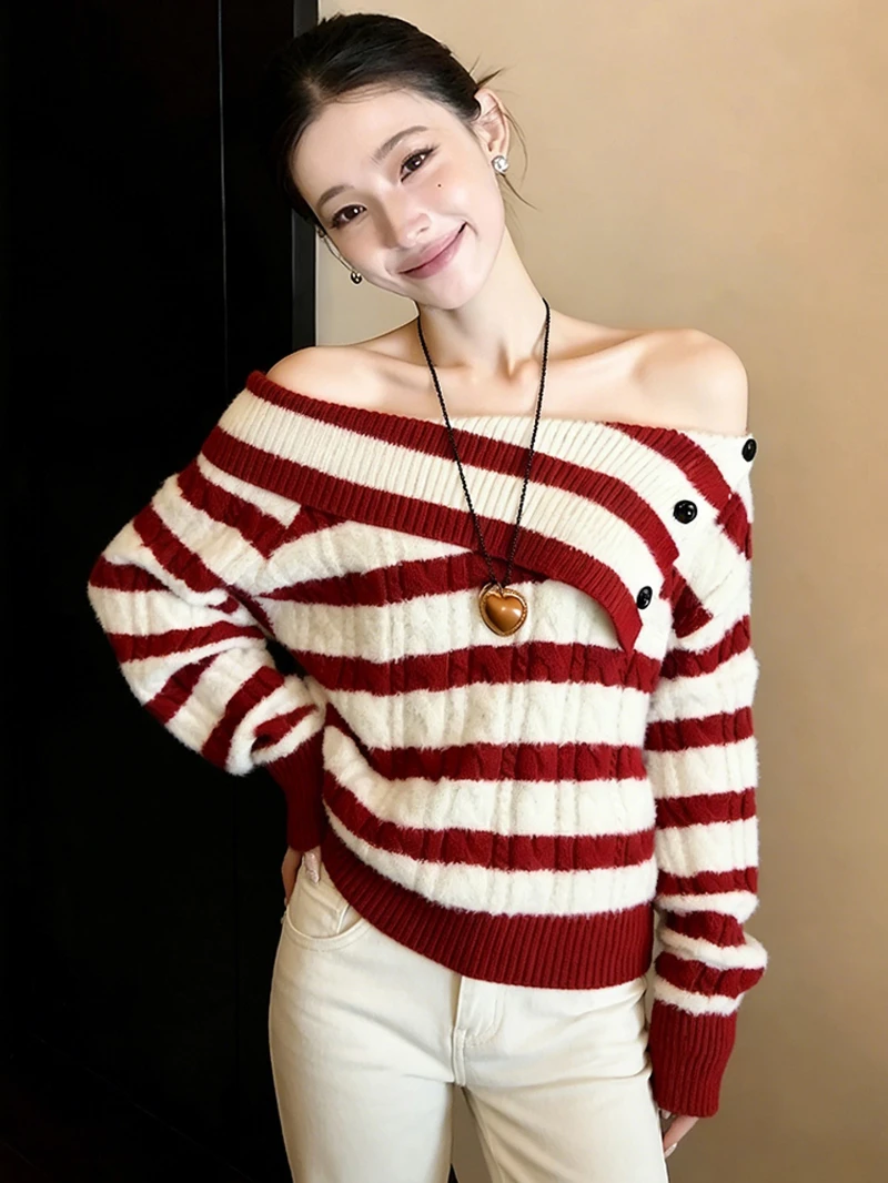 巨好看的轻熟上衣韩系小众不撞款高级感慵懒风一字肩条纹针织衫冬
