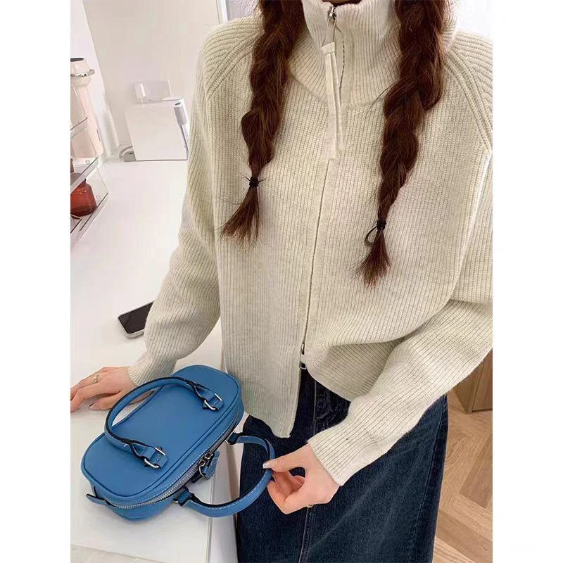 5024高领拉链毛衣外套新款宽松翻领慵懒秋冬针织开衫上衣