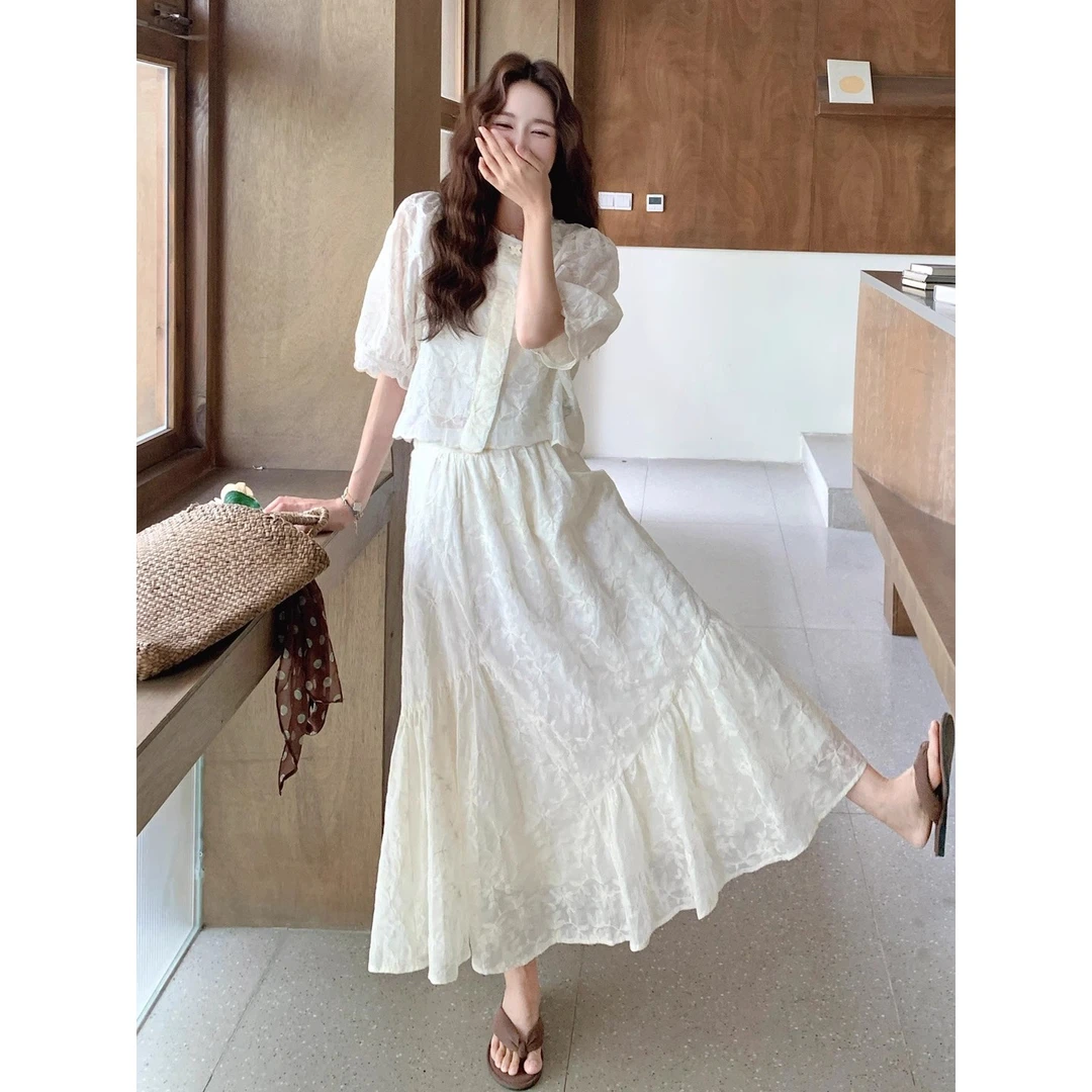 巨好看夏装一整套大码胖mm蕾丝短袖上衣半身裙子小香风时髦套装女