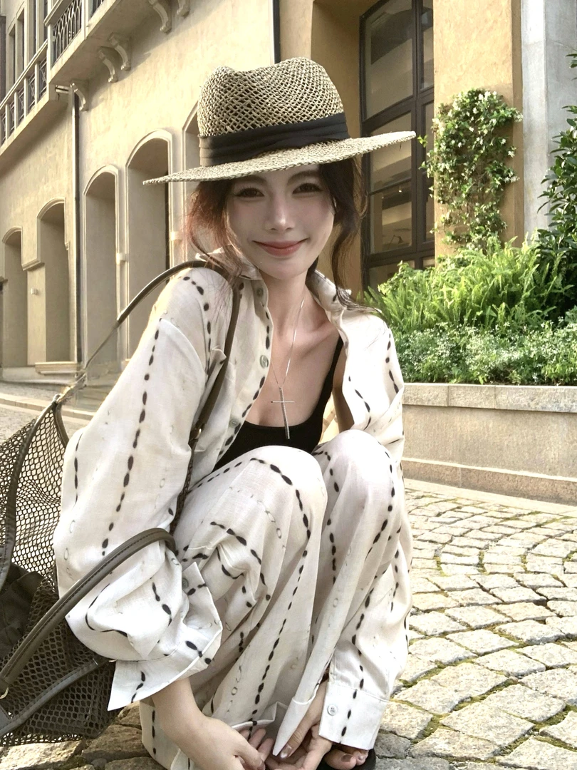 韩版宽松慵懒风休闲老钱风套装印花防晒衬衫阔腿休闲裤两件套女装