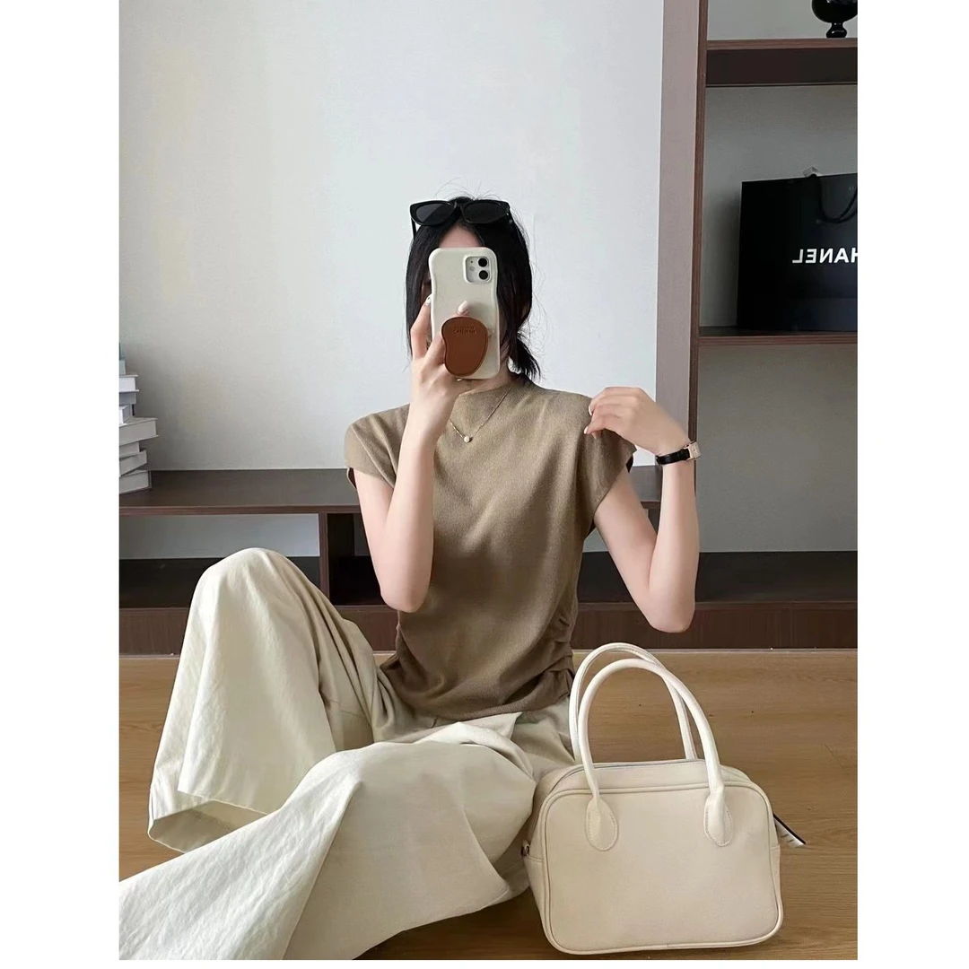 KIKI严选：4595-欧洲站南油秋季新款时尚褶皱圆领无袖针织上衣