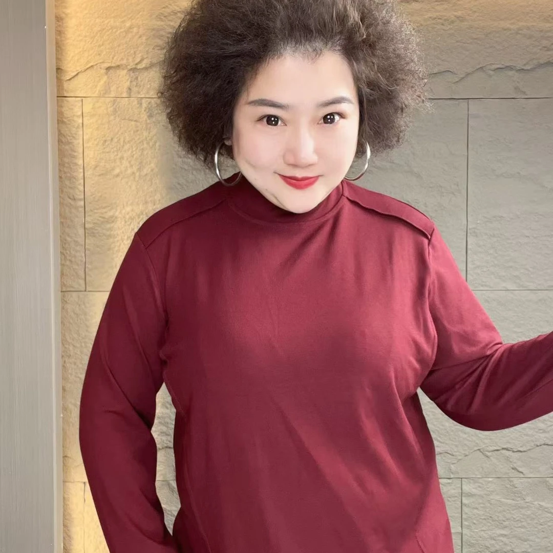 莉姐大码 秋冬季新款长袖中领T恤纯色气质百搭遮肉显瘦