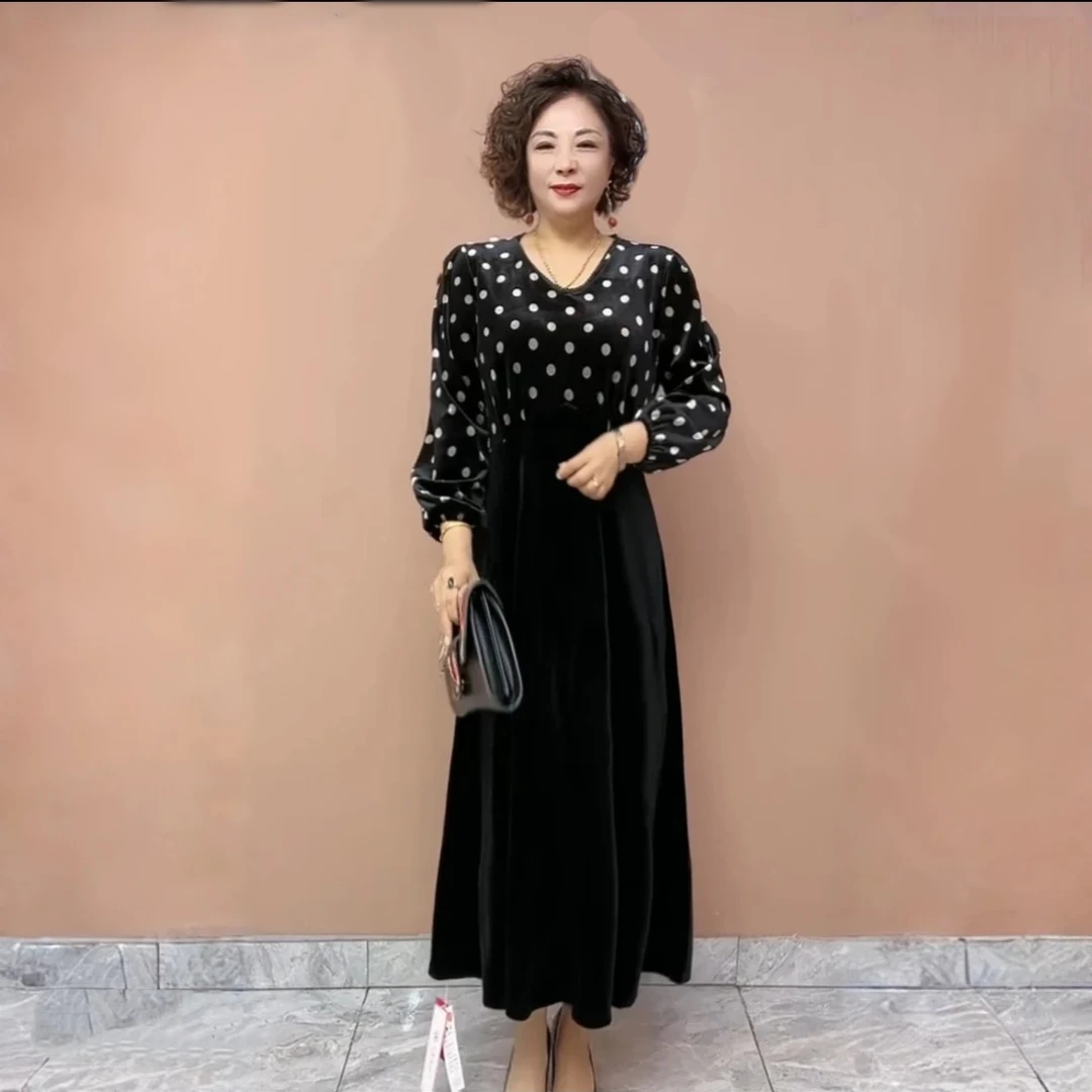 阔太太金丝绒连衣裙秋长袖年轻妈妈装高端V领气质裙长裙