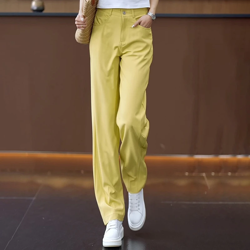 夏季薄款黄色牛仔裤女2025新款爆款女裤窄版直筒裤高腰宽松阔腿裤