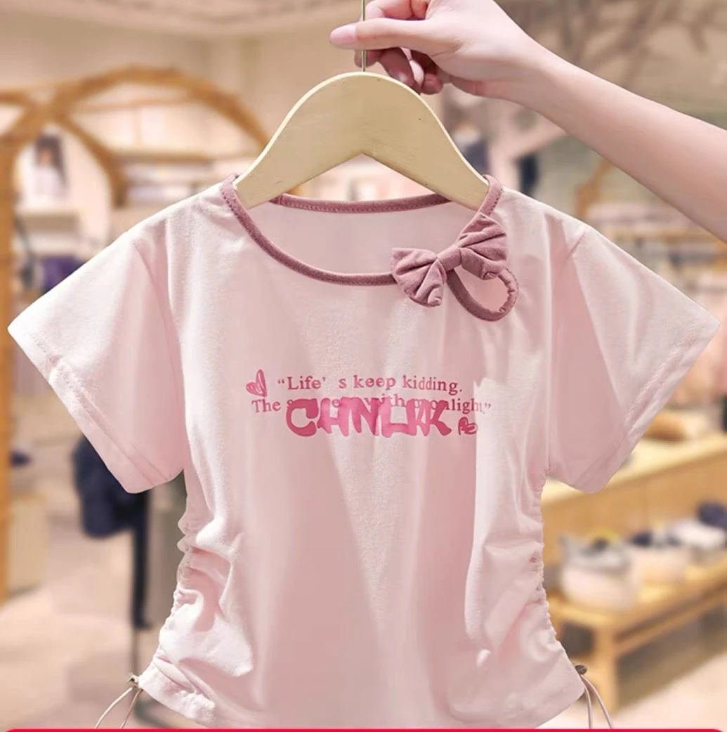 女童短袖t恤2025新款网红炸街夏季洋气蝴蝶结抽绳儿童短款上衣潮