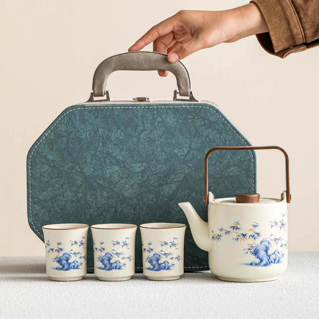 中式奶白亚光定窑旅行茶具套装户外出行一壶三杯便携陶瓷茶具套装