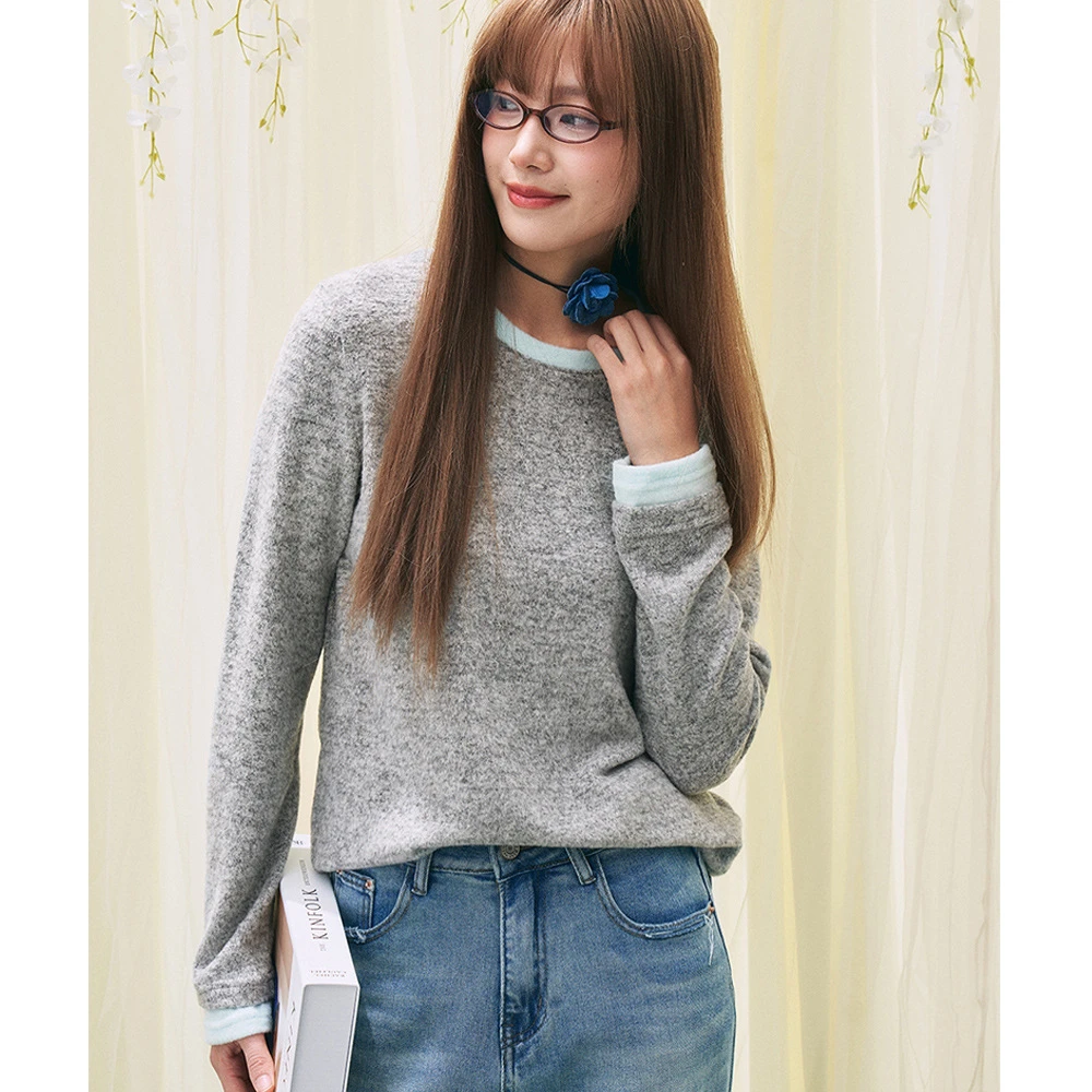 【盛都】25早春新品韩系甜美风撞色减龄圆领百搭灰色针织衫打底女