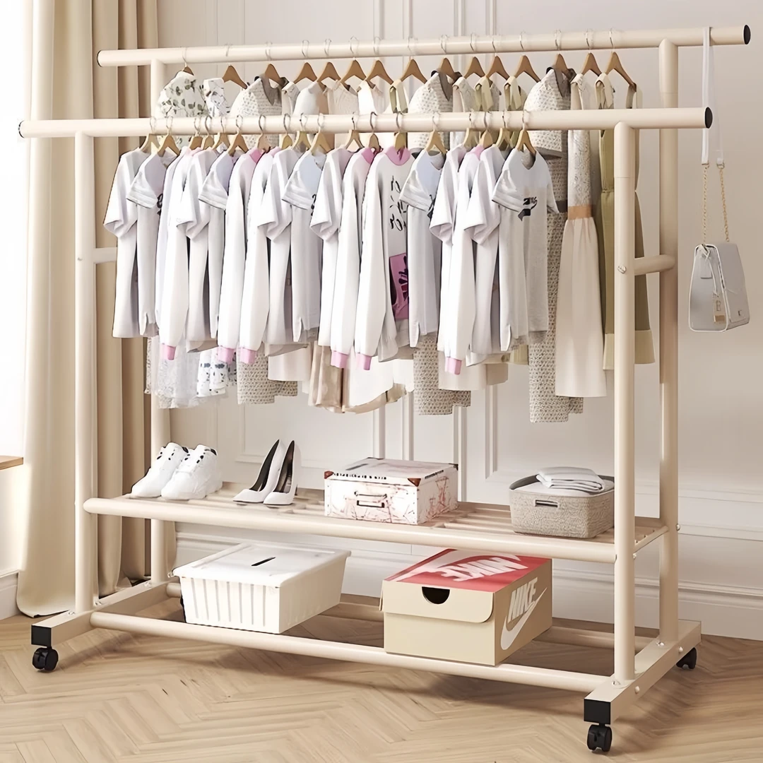 特粗落地晾衣架家用挂衣架卧室架子双层简易移动阳台不生锈衣帽架