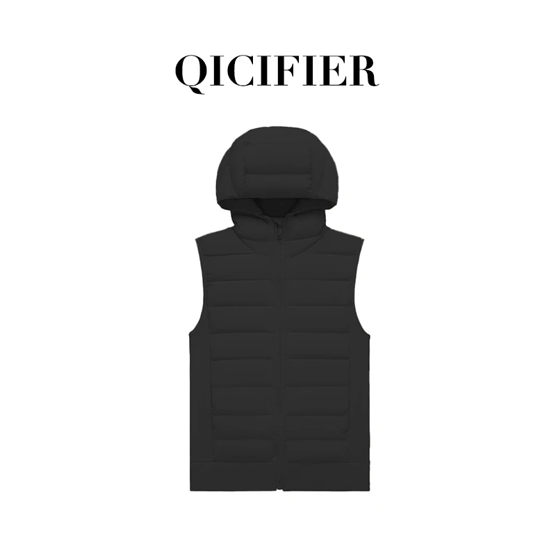 【QICIFIER】黑色 95鹅马甲 冬季连帽运动宽松女士马甲 9125