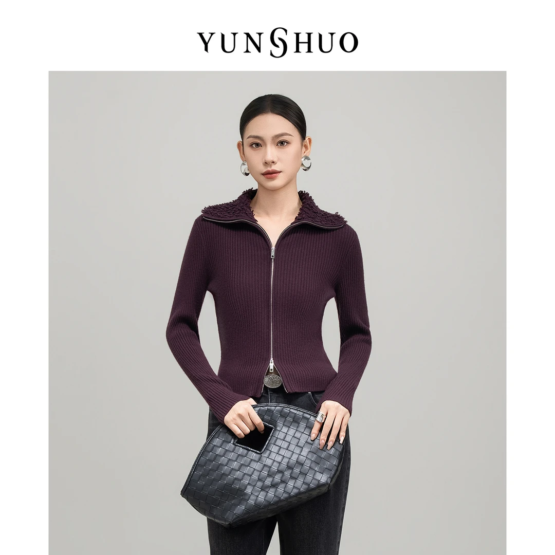 允硕新品时尚百搭针织休闲女装翻领拉链气质针织修身上衣729312