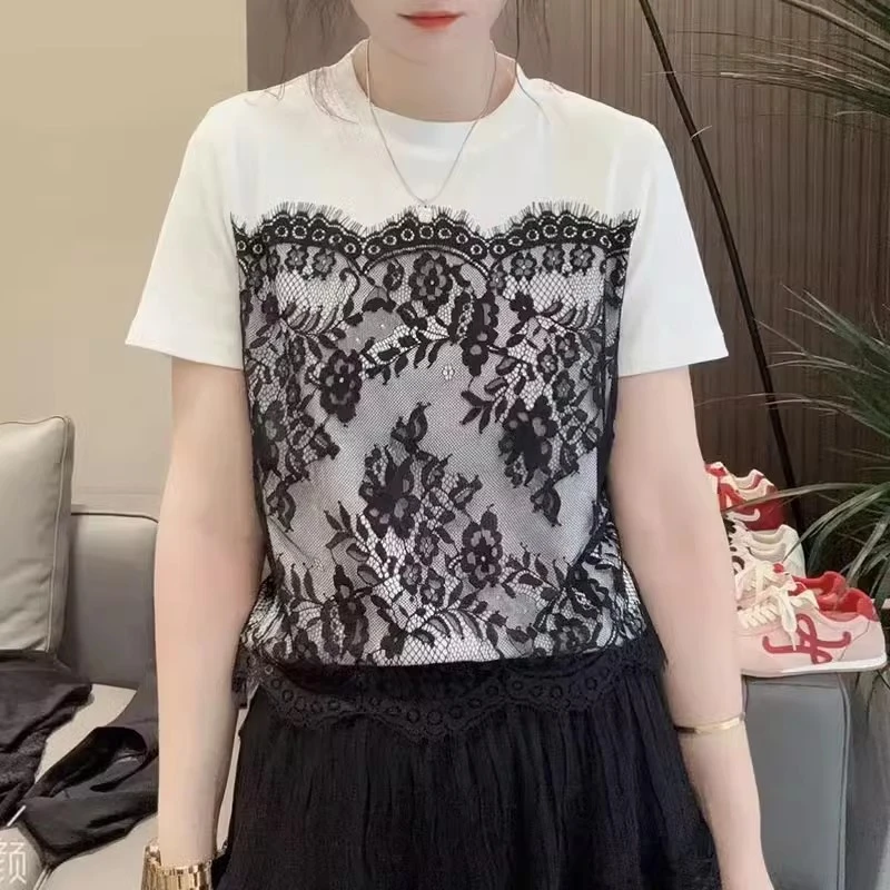 蕾丝短袖T恤女2025夏季新款韩版时尚设计感小衫休闲百搭 圆领上衣
