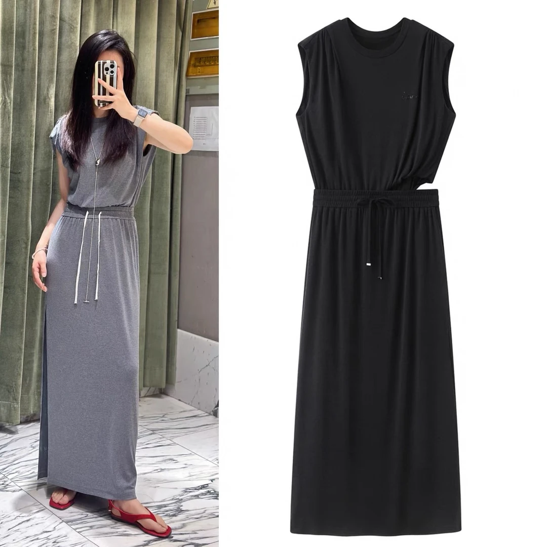 2224原单商场同款设计感垫肩松紧腰休闲露腰捏褶开叉连衣裙