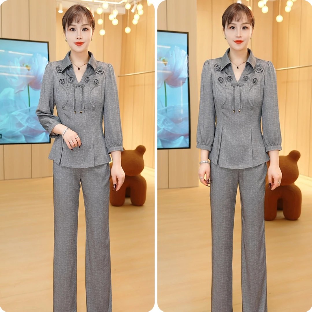 【上衣+裤子】2025春季新款优雅气质显瘦国风女士休闲套裤两件套