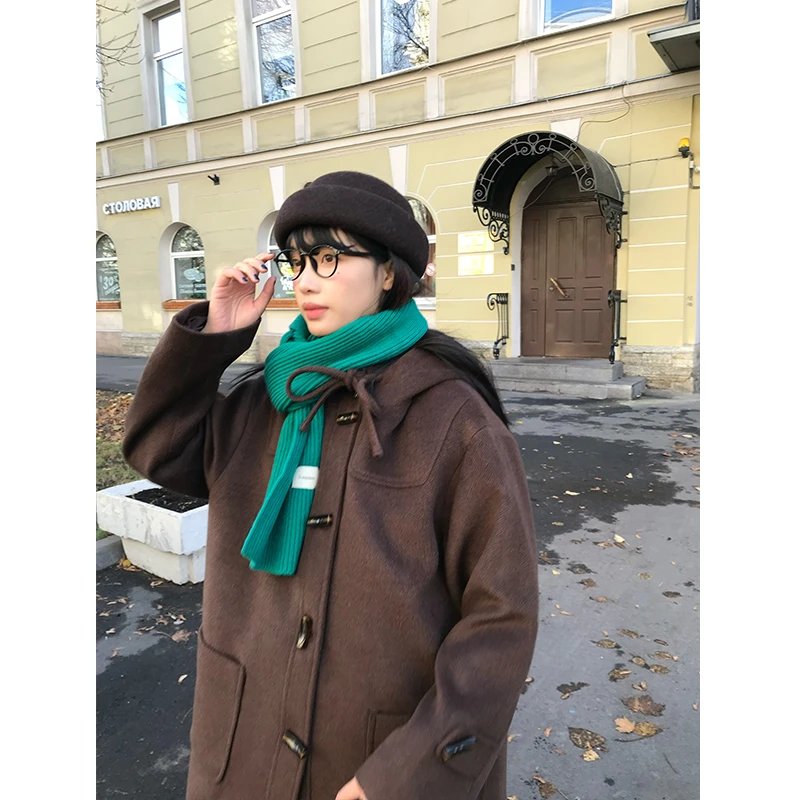 清仓霍里德地图"浓情摩卡"经典款深咖色中长款连帽冬季夹棉毛呢