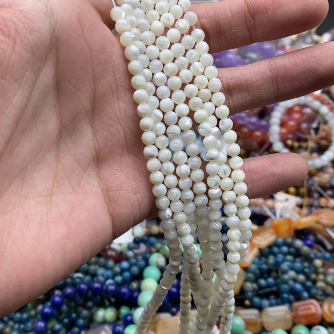 玛瑙/玉髓未镶嵌珠宝半成品一条天然4.5mm白马蹄螺圆珠