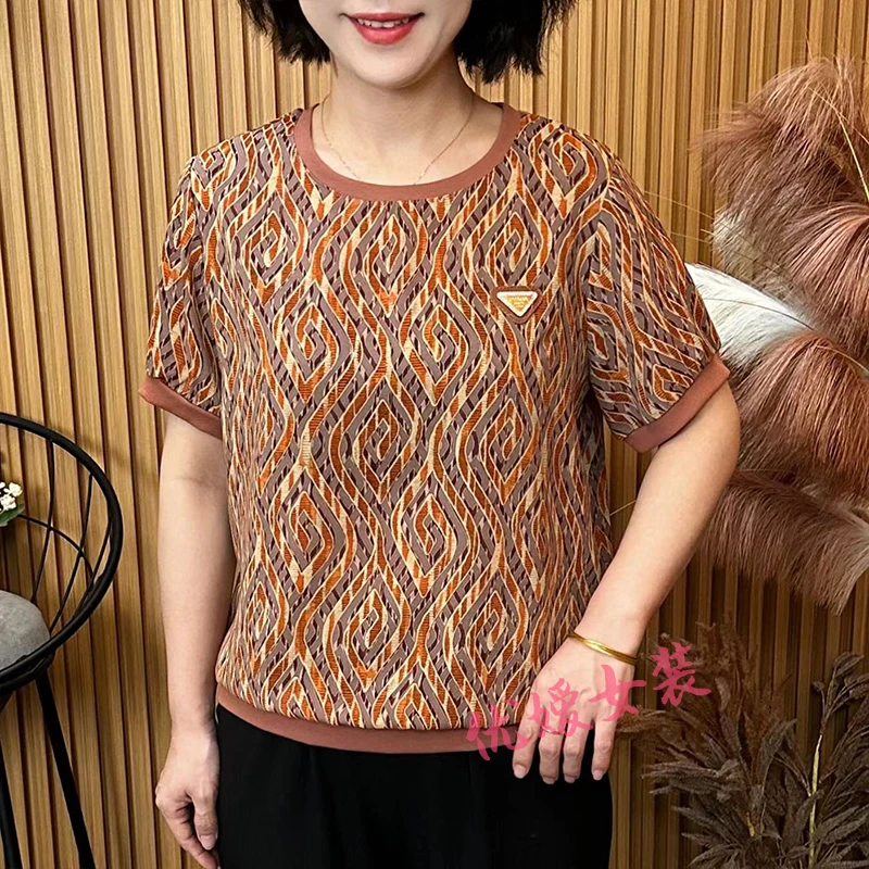 妈妈装夏季薄款圆领休闲时尚宽松显瘦遮肚百搭中老年女装短袖上衣