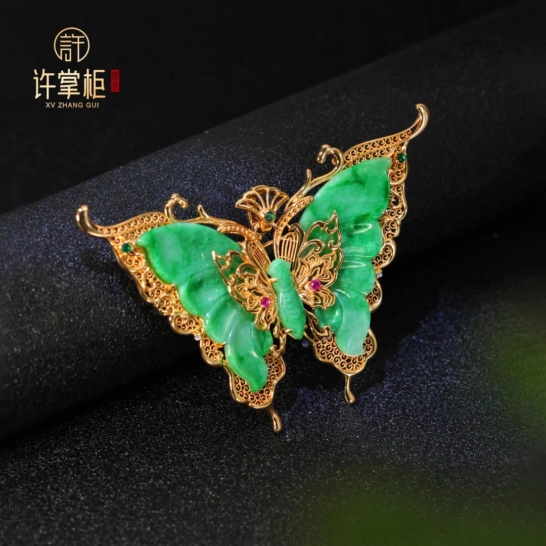 许掌柜｜S925银翡翠胸针吊坠两用天然缅甸翡翠A货雕花蝴蝶配饰气质