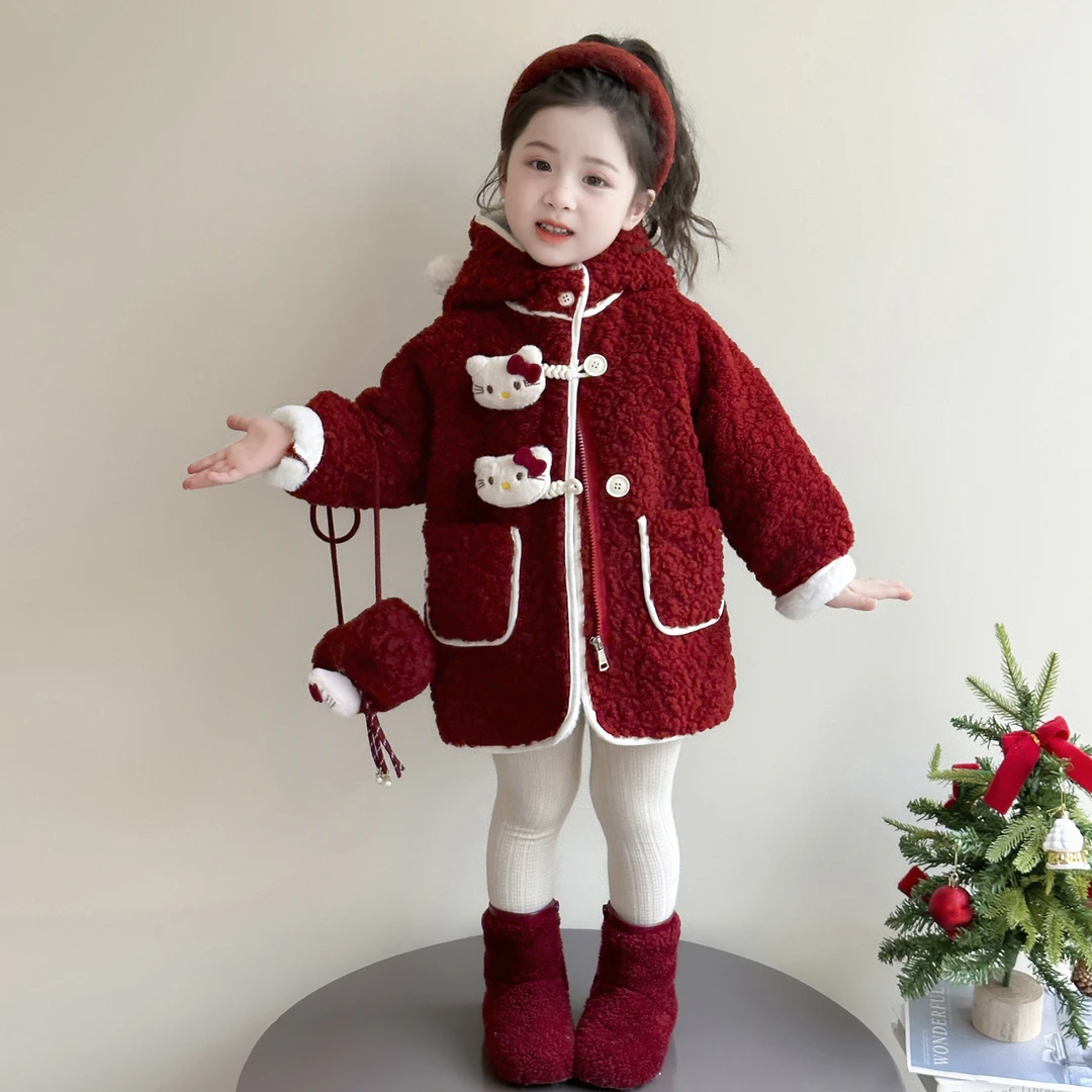 女童外套秋冬季2025新款洋气女宝宝冬装羊羔绒猫咪加绒加厚毛毛衣