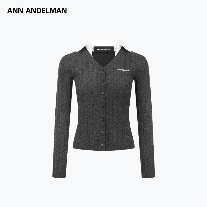 ANN ANDELMAN 25新款深灰色假两件修身衬衫领麻花毛织长袖开衫女