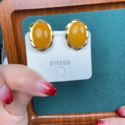 蜜蜡耳饰银S925镶嵌耳钉