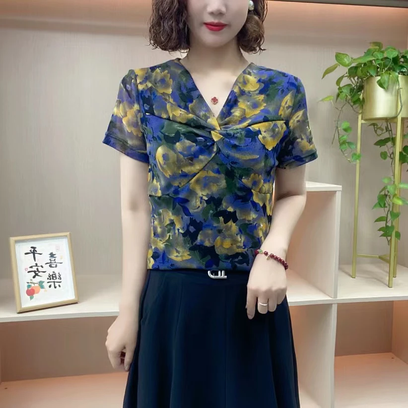 夏季新款印花T恤女气质时尚显瘦短袖上衣洋气法式小衫k782