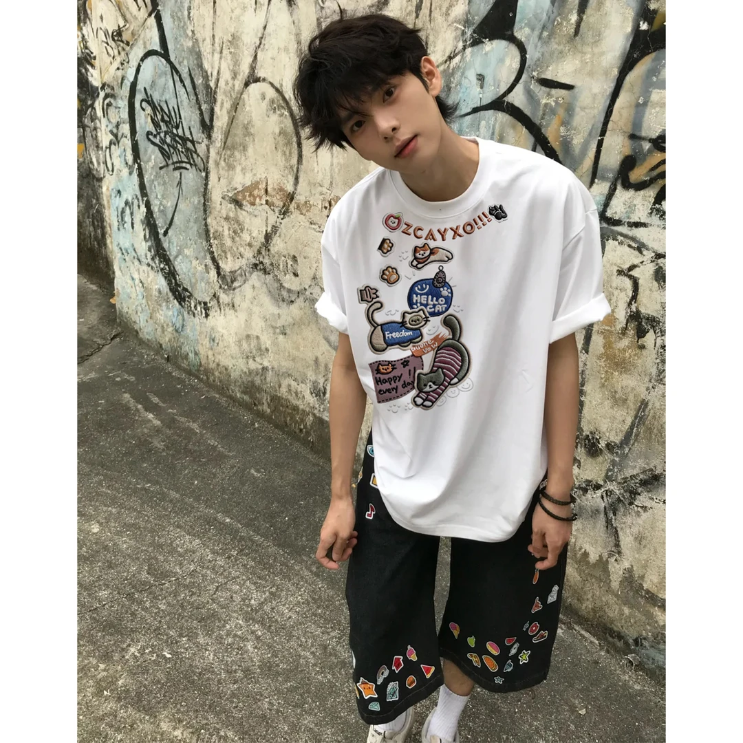 100%纯棉美式个性小猫字母印花休闲短袖T恤夏季男女百搭情侣上衣