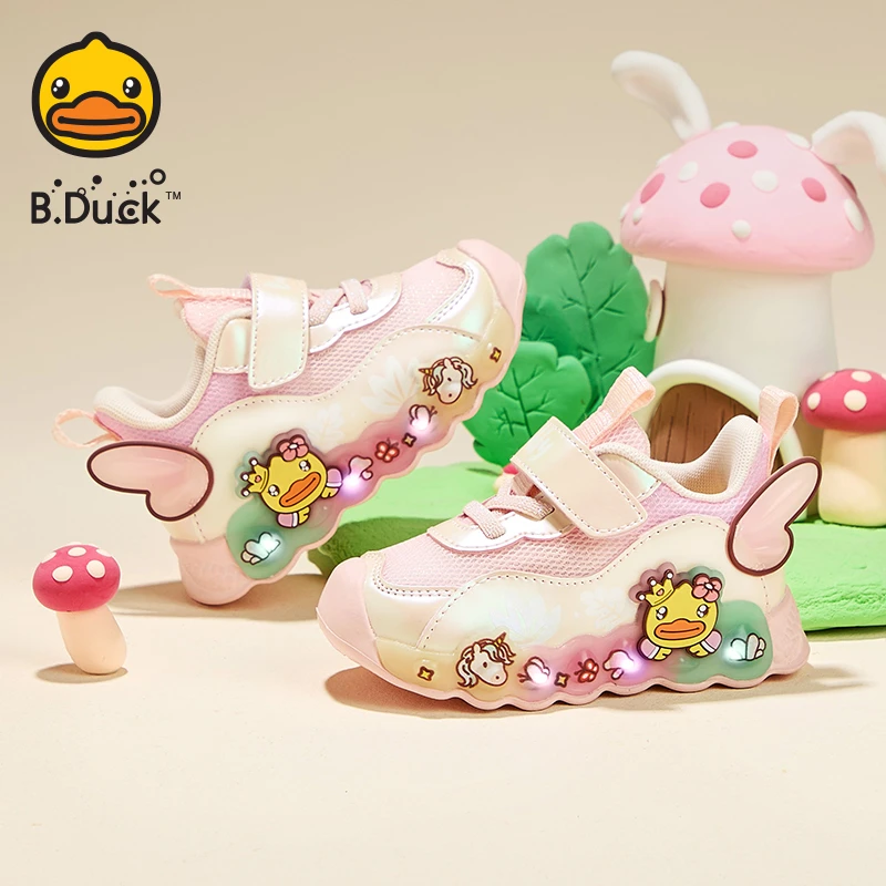 B.Duck小黄鸭童鞋女童宝宝鞋子春秋款儿童发光亮灯运动网面鞋透气