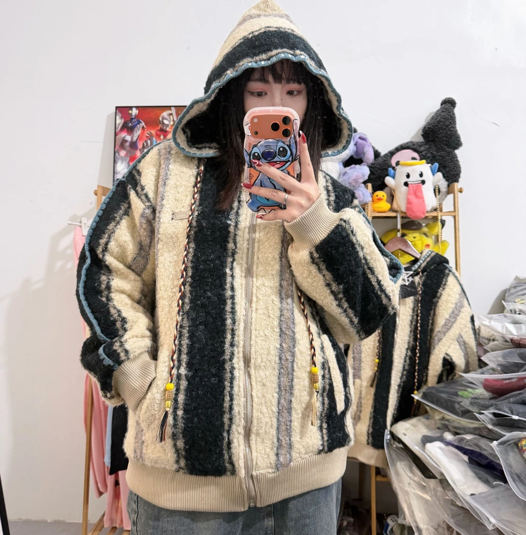 美式复古条纹圈圈纱羊羔毛保暖夹棉厚外套