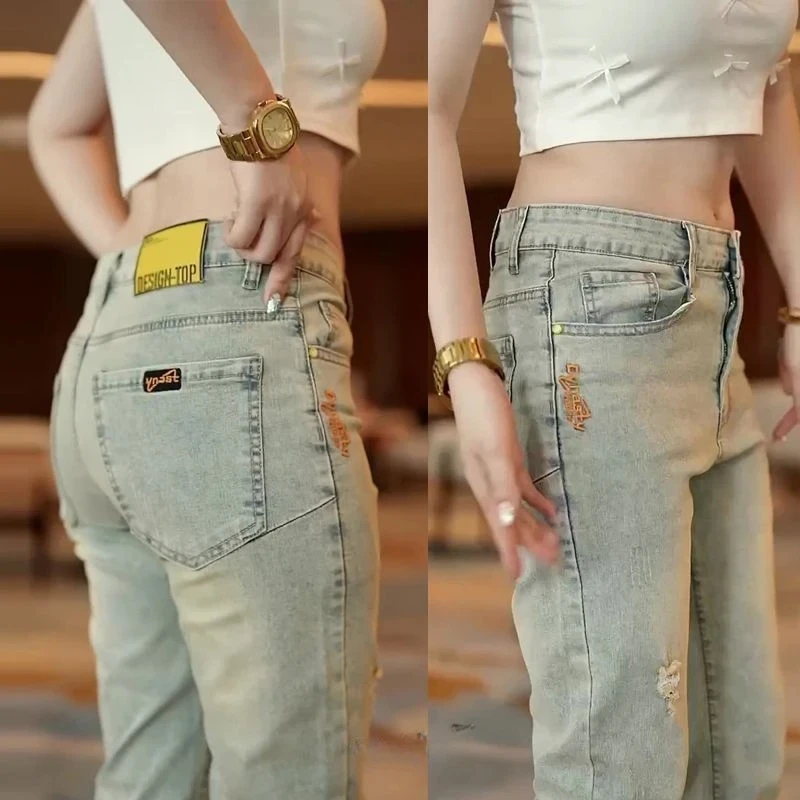 高端美式怀旧蓝牛仔裤男秋季新款破洞百搭休闲痞帅宽松弹力男裤子