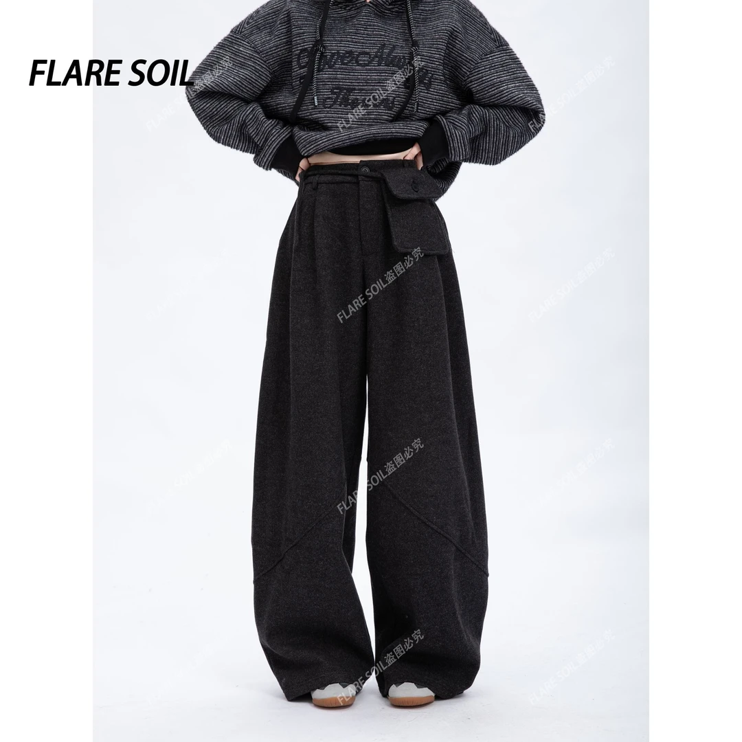 【FLARE SOIL】（现货）腰包裤韩系阔腿裤口袋毛呢裤拼接长裤 T4847B