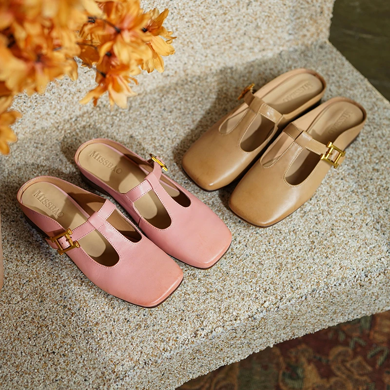 2cm/牛皮/真皮粉色夏季懒人穆勒拖鞋女复古方头T字带低跟皮拖鞋女
