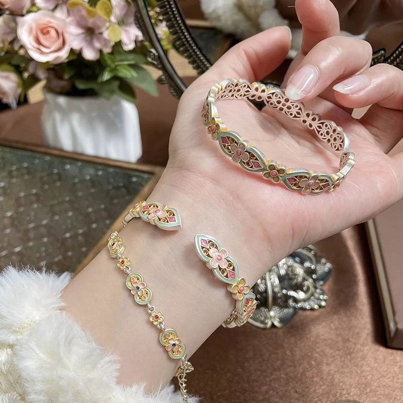 足银珐琅手镯 花满筑足银999宫廷花朵纯银手镯女描金珐琅彩新中式