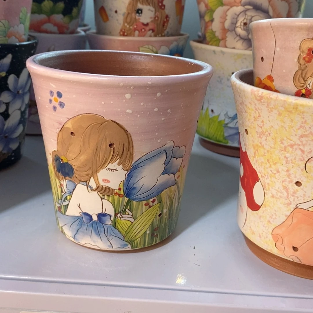 紫砂花盆?**?红陶手绘花盆