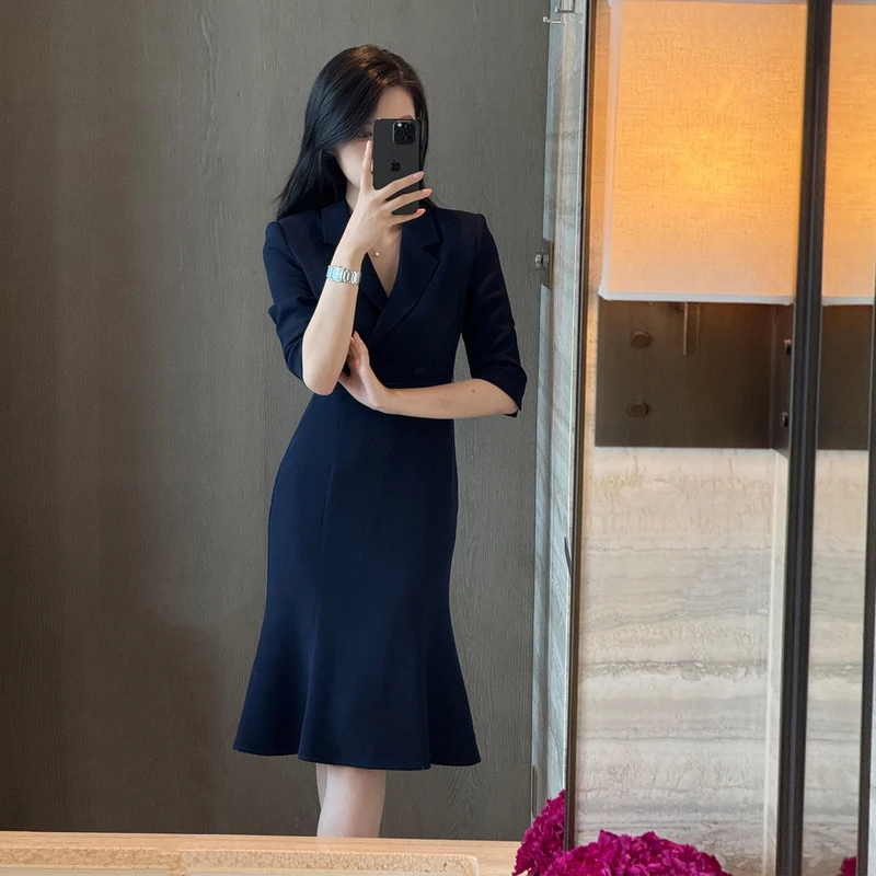 【曲调裙】轻奢连衣裙女25新款藏蓝色修身裙-3532