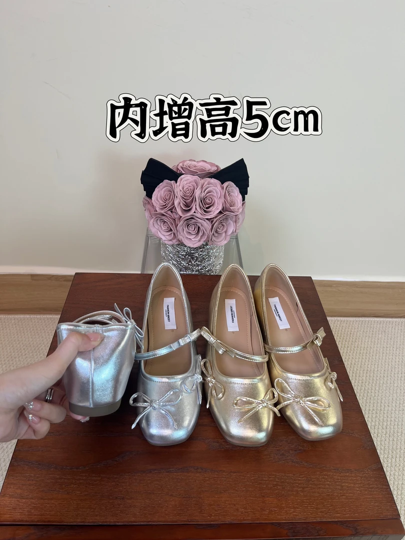 新款时尚春季单鞋内增高圆头蝴蝶结薄款软底跟鞋增高芭蕾舞鞋气质
