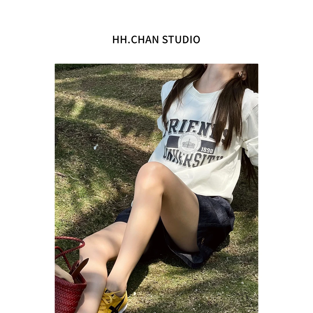 HH.CHAN“好友学院”100%棉美式长袖白色宽松印花设计师圆领长袖