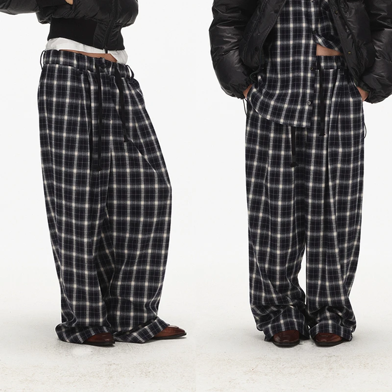 ECHOADE经典长青 复古慵懒松紧腰抽绳设计格纹阔腿西裤