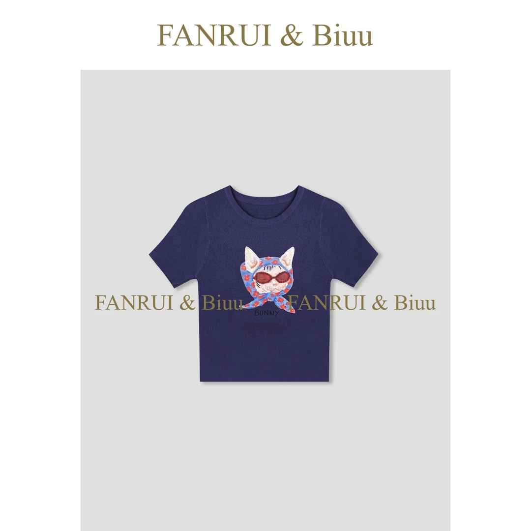 FANRUI/泛芮「喵糖」冰爽丝韩系新款猫咪印花圆领蓝色短袖T恤B17042