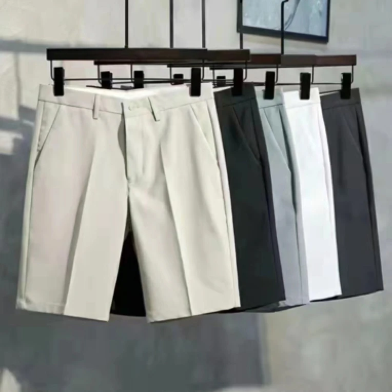 韩版修身男士五分短裤纯色西装男士夏季新款，曰系坠感弹力款