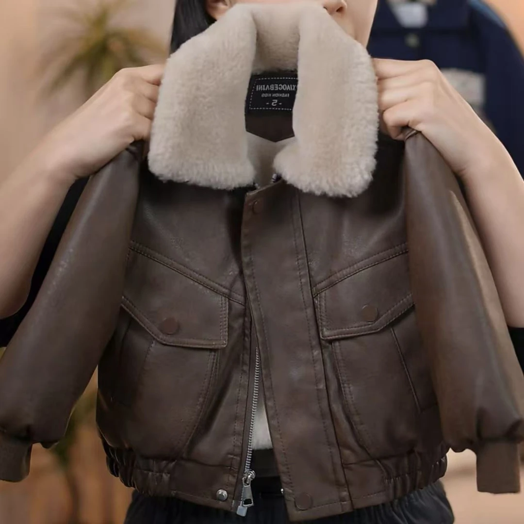 幂姐童装 儿童皮衣外套2025新款秋冬季软牛仔上衣复古皮夹克外套