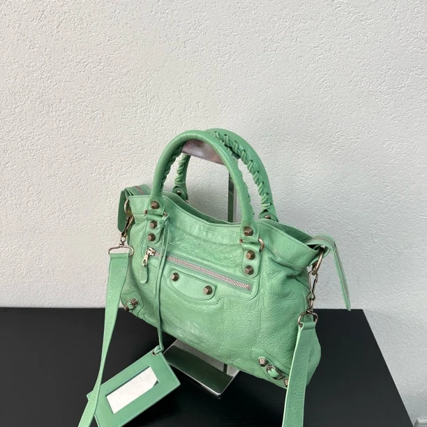 95新 Balenciaga/巴黎世家 绿色机车town油蜡皮机车单肩包 123645