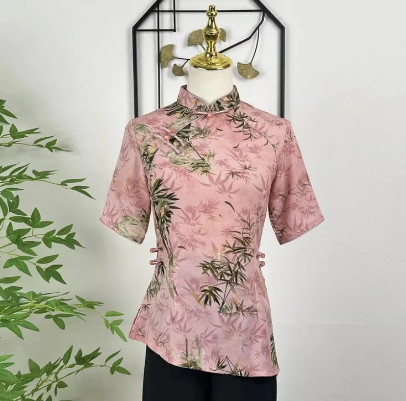 0132-竹叶夏季新款立领日常复古气质新中式旗袍上衣（单件小上衣）