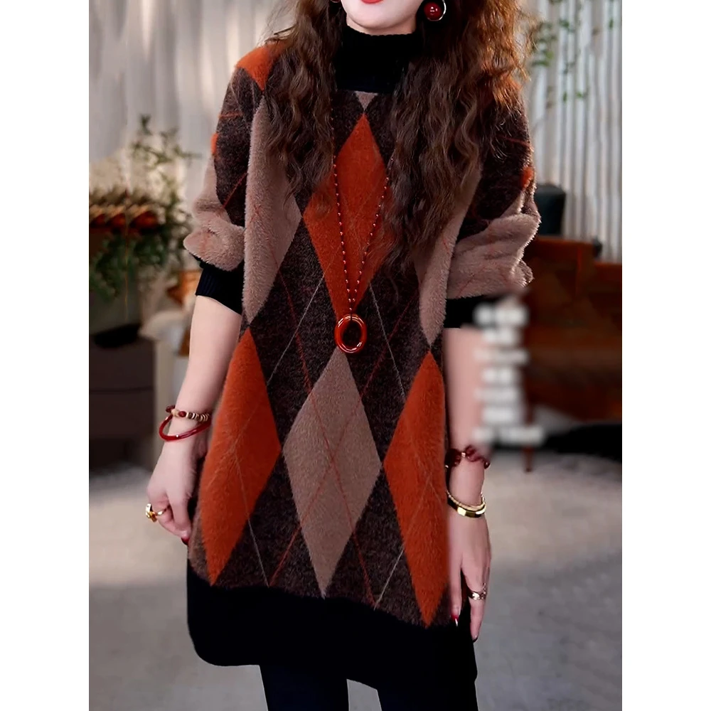 减龄学院风拼色菱形格长袖针织衫2026春季新款慵懒中长款显瘦毛衣