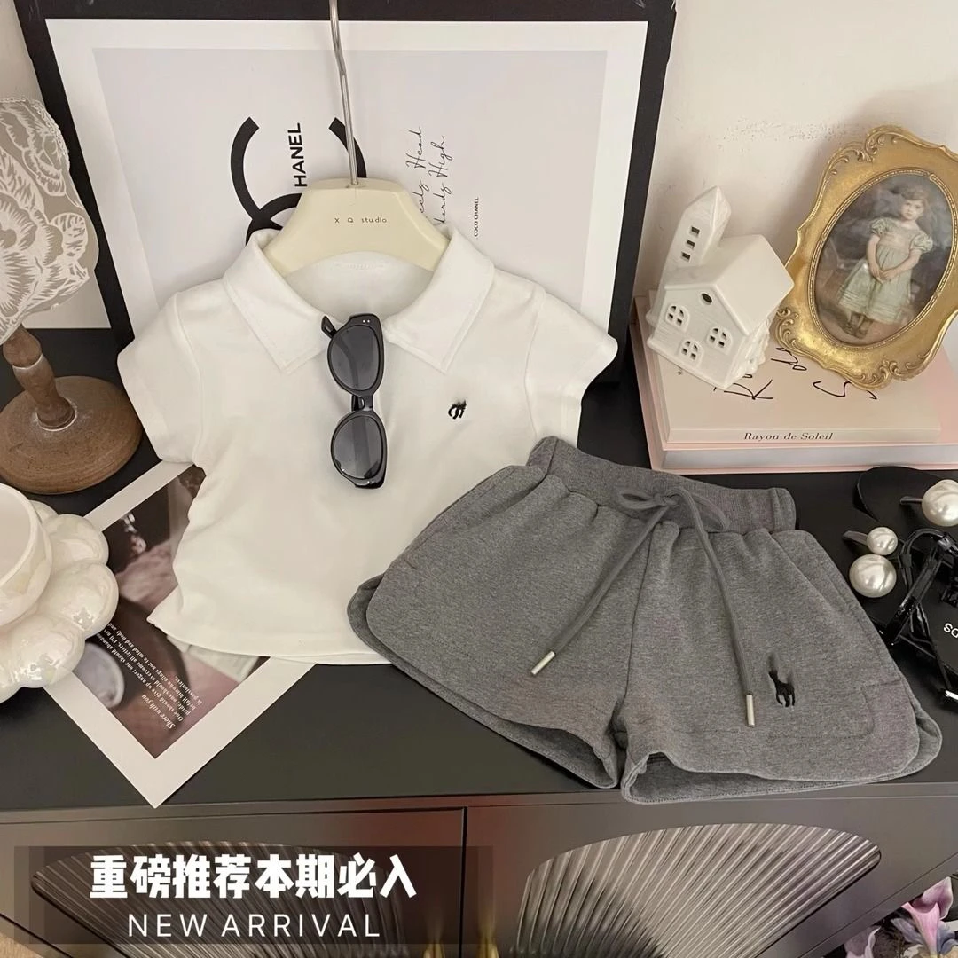 男童女童2025小童套装夏季休闲短袖洋气ol刺绣T恤高腰短裤两件套