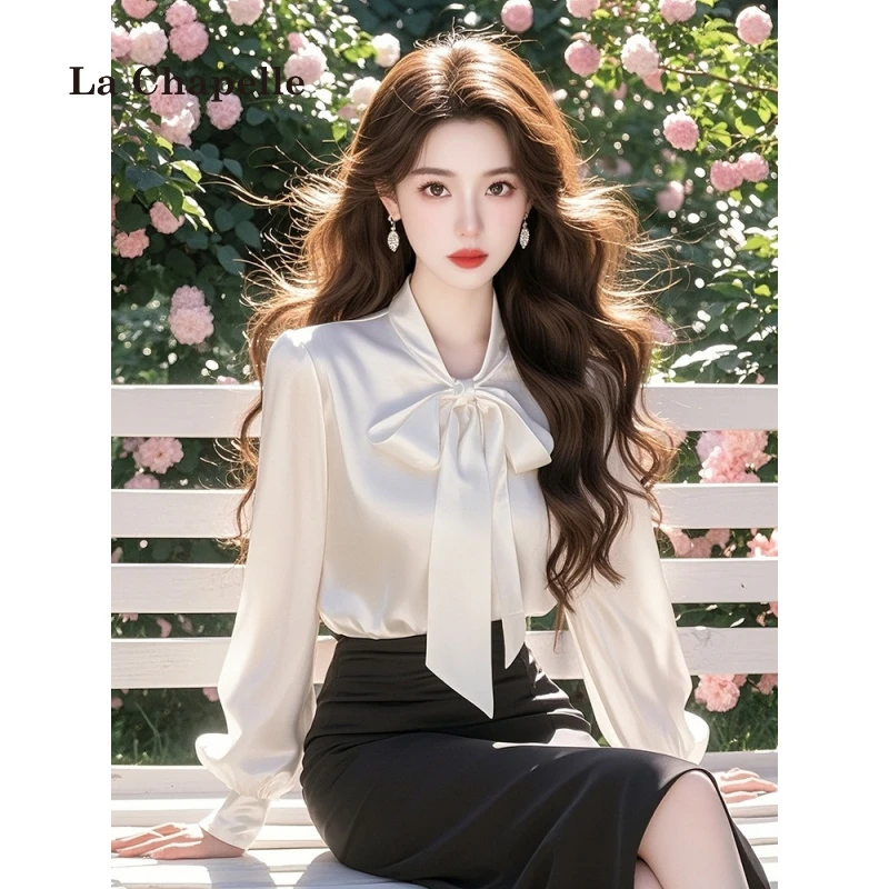 拉夏贝尔法式小香风高级感漂亮独特高端气质白色蝴蝶结衬衫女春季