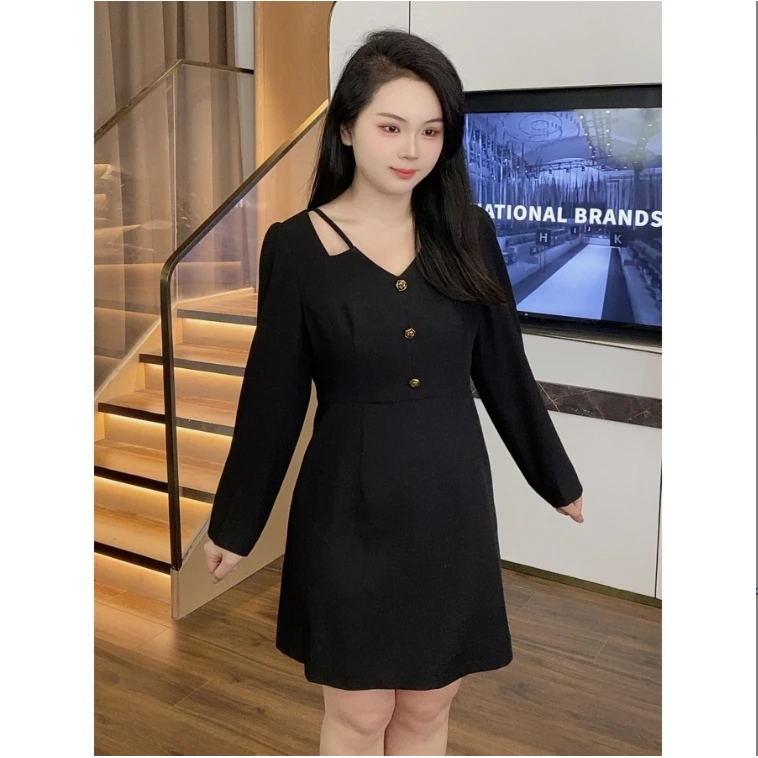 微胖定制【DM028长袖】全新秋冬mm遮肚气质显瘦藏肉长袖连衣裙