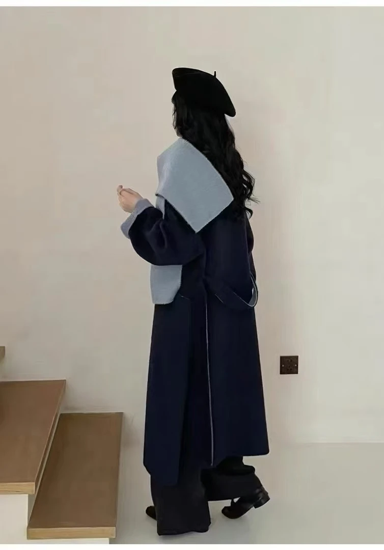 网红韩版拼色长款气质高级外套气质设计师中长款翻领女装