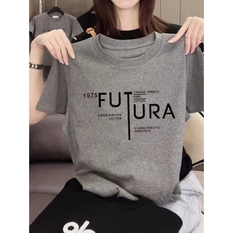 夏季薄款2025年新款正肩短袖t恤女百搭减龄洋气灰色上衣打底衫潮