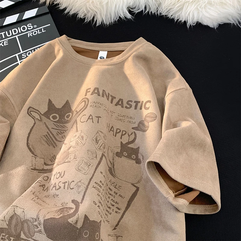 仿麂皮绒短袖t恤男2025夏季新款潮流百搭宽松大码重磅情侣装体恤